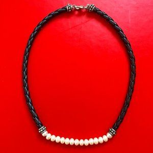 Honora 925 Sterling Silver Pearl & Braided Leather Choker Necklace